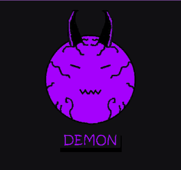 a purple demon with horns and the word demon below it