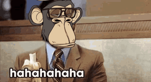 a cartoon monkey in a suit and tie is holding a banana and says ' hahahahaha '