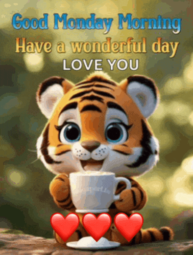 a cartoon tiger is holding a cup of coffee with hearts around it and says good monday morning have a wonderful day love you
