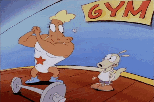 a cartoon character is lifting a dumbbell in front of a sign that says gym