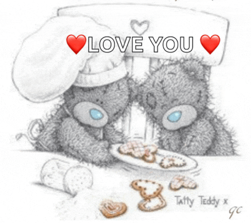 a drawing of two teddy bears holding a sign that says i love you