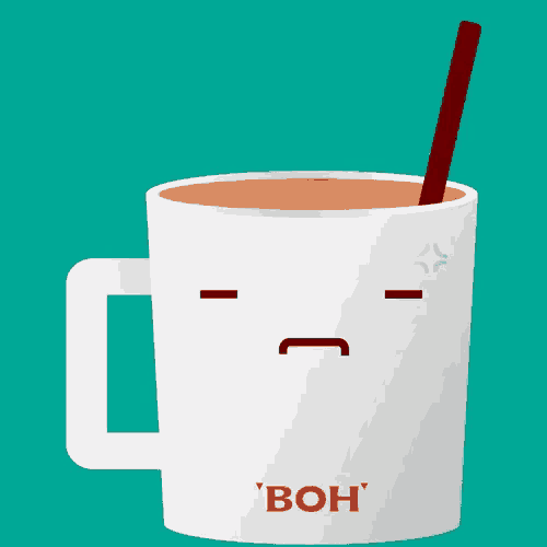a coffee mug with a spoon in it and the word boh on it