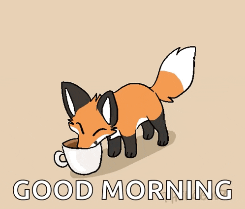 a cartoon of a fox standing next to a cup of coffee and the words good morning below it