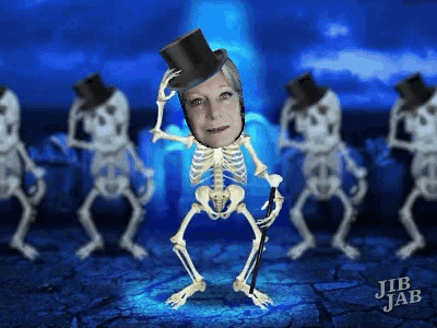 a skeleton wearing a top hat is surrounded by other skeletons with jib jab written on the bottom
