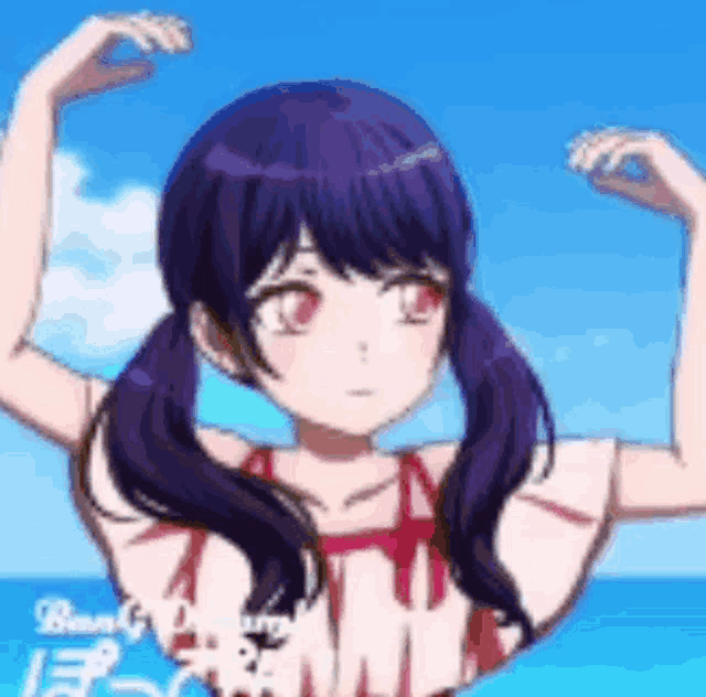 a girl with purple hair and pigtails is flexing her muscles .