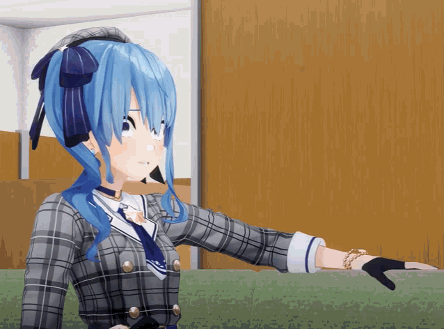 a girl with blue hair and a plaid jacket is standing in a room