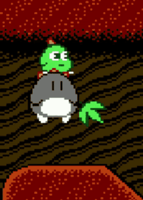 a pixel art drawing of a frog with the letters ee on his face
