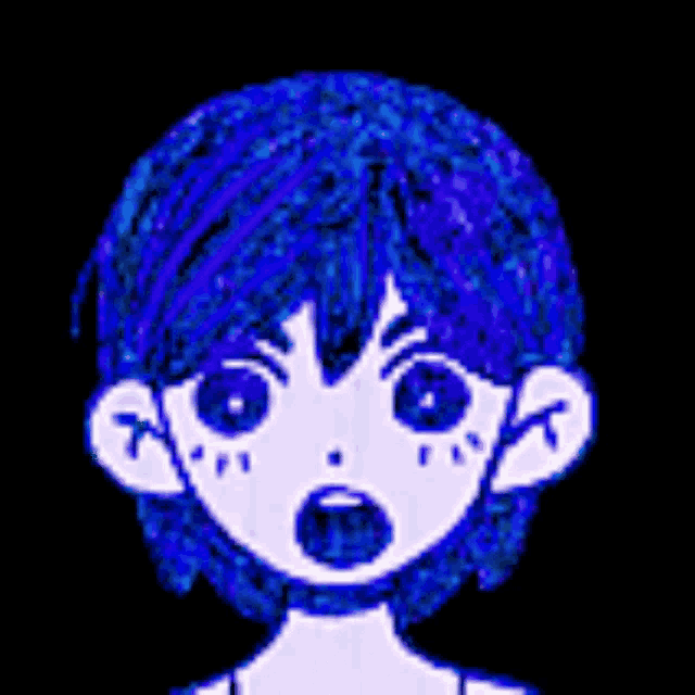 a close up of a cartoon character with blue hair and a choker .