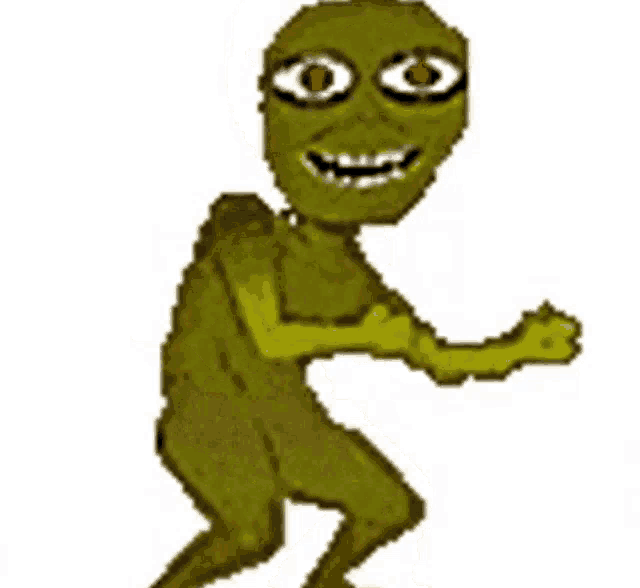 a pixel art of a green monster with red eyes and a smile