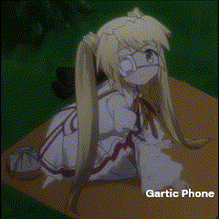 a girl with pigtails and glasses is sitting on a table with the words gartic phone underneath her