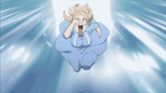 a cartoon girl is flying through the air with her mouth open .