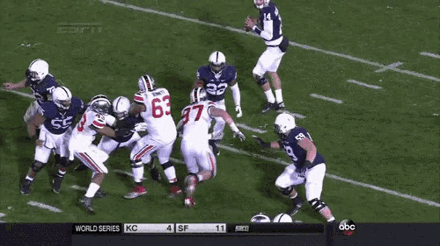 a football game is being shown on espn and the score is 4 to 11