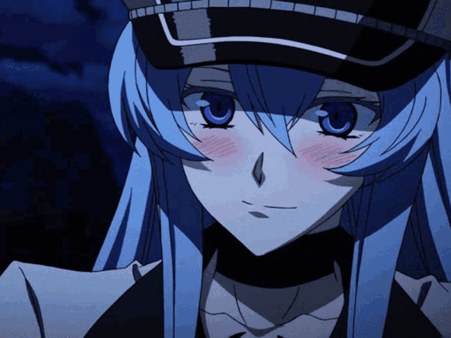 a close up of a blue haired anime girl wearing a hat