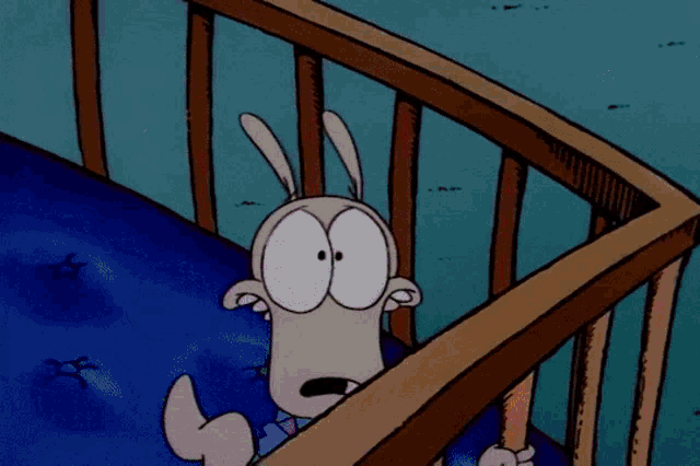 a cartoon character named rocky is in a crib