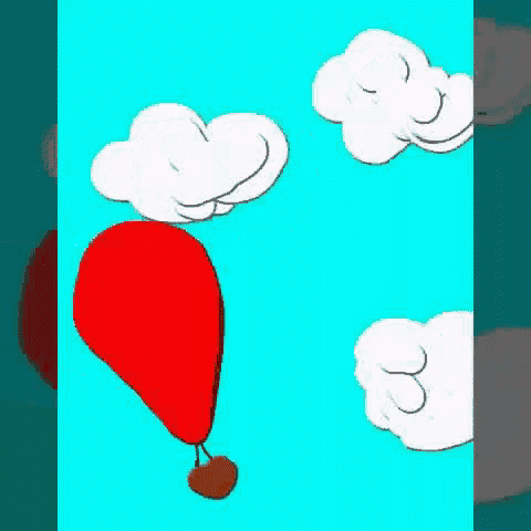 a red hot air balloon is flying through the clouds .