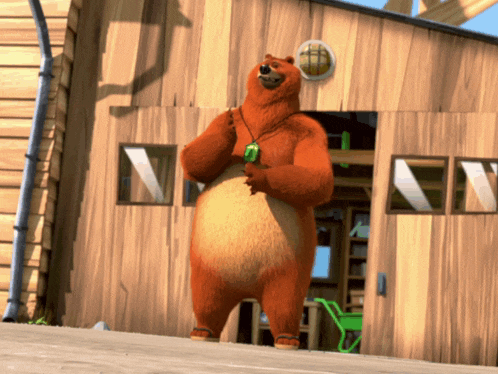 a cartoon bear is standing in front of a building