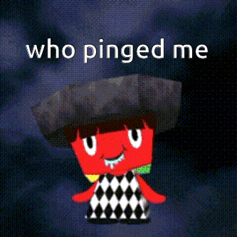 a red cartoon character with a black hat and the words who pinged me