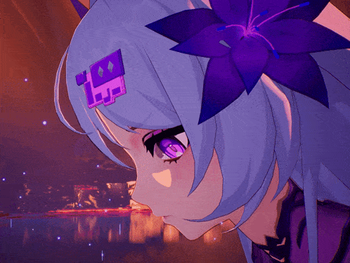 a close up of a girl with purple hair and a flower in her hair