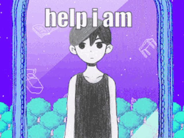 a pixel art of a boy standing in front of a mirror with the words help i am written on it