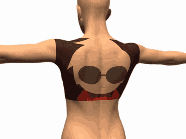 a cartoon character with sunglasses and a bow tie is on the back of a shirt