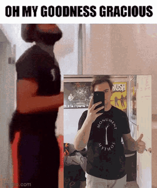 a man in a monument mythos shirt is taking a picture of himself in a mirror