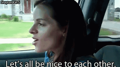 a woman is sitting in a car with the words let 's all be nice to each other .
