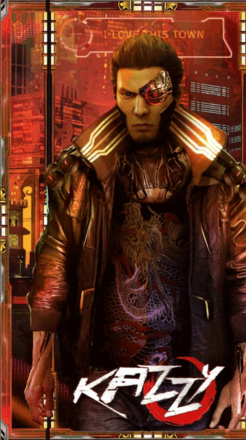 a poster for a video game called katzy shows a man in a leather jacket
