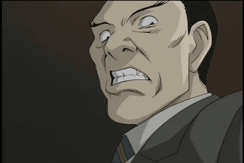 a man in a suit and tie is looking at another man with an angry expression on his face
