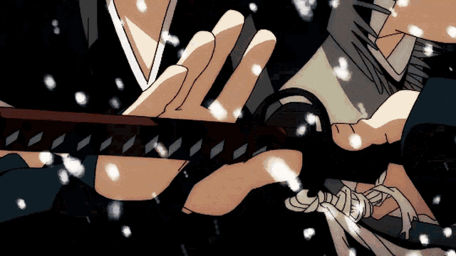 a close up of a person holding a sword with snow falling in the background