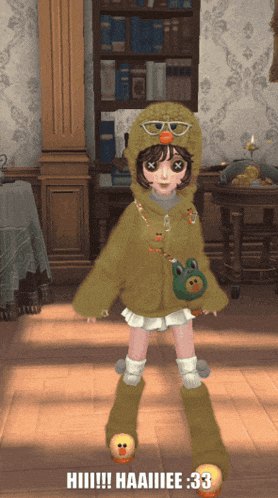 a girl wearing a frog hoodie is standing in a room with the number 33 on the bottom right