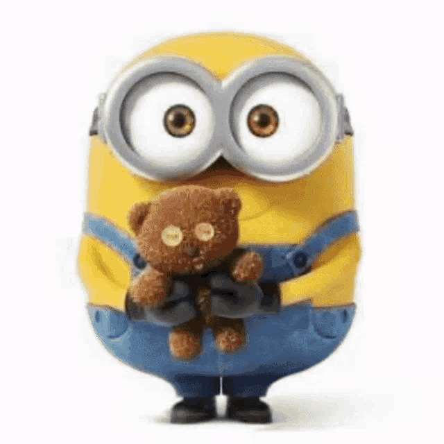 a yellow minion is holding a brown teddy bear .