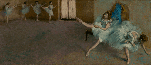a painting of a woman in a blue dress sitting on a chair with her legs crossed