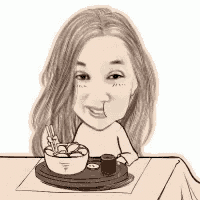 a cartoon of a woman sitting at a table holding a bowl of food .