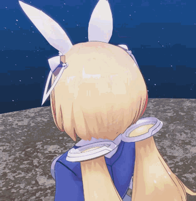 a girl with blonde hair and white bunny ears is wearing a blue jacket