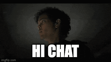 a close up of a person 's face with the words hi chat written on it