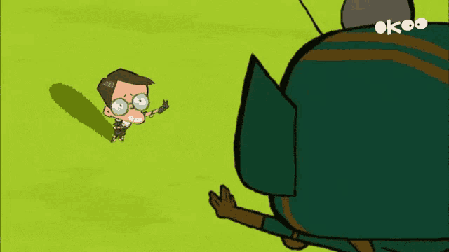 a cartoon of a man with glasses standing next to a robot with the word ok on the bottom right