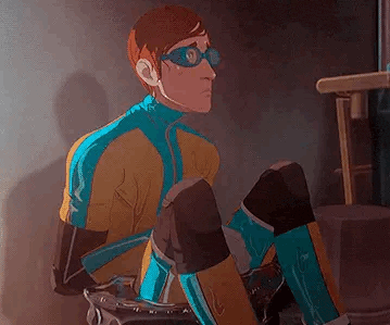 a cartoon character is sitting on a chair wearing glasses and a yellow and blue suit .