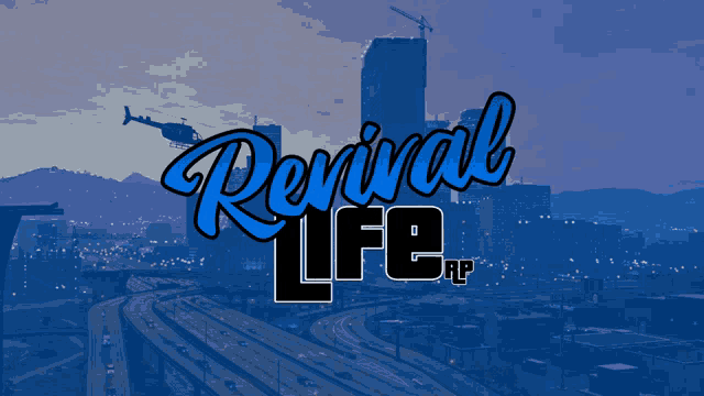a helicopter is flying over a city with the words revival life