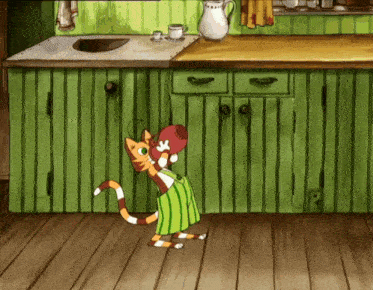 a cartoon cat is standing in front of a green cabinet holding a red container