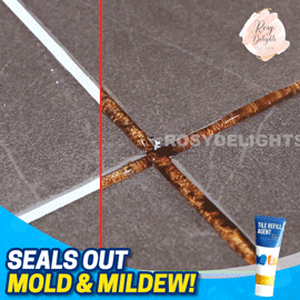 a bottle of rosy deli tile sealant is sitting on a tiled floor