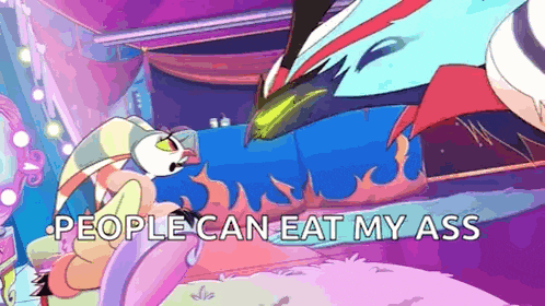 a cartoon of a bird with the words `` people can eat my ass '' on it .