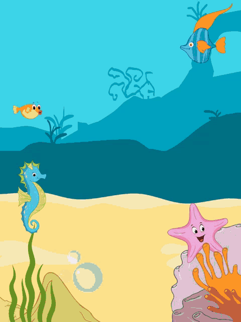 a cartoon illustration of a seahorse a starfish and fish