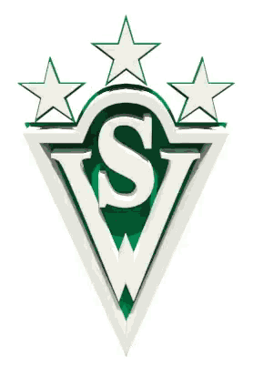 a green and white emblem with a letter s and three stars