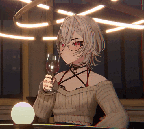 a girl with glasses is holding a wine glass