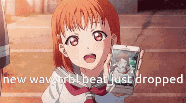 a girl in a school uniform is holding up a cell phone with the words new wavytrbl beat just dropped below her