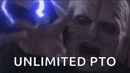 a man is holding a lightning bolt in his hand and the words `` unlimited pto '' are written on the screen .