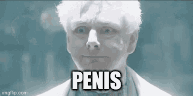 a close up of a man 's face with the words penis written on it .