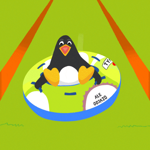 a penguin is riding a tube that says " ale odjazd "