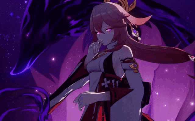a girl with purple eyes and a cross on her arm
