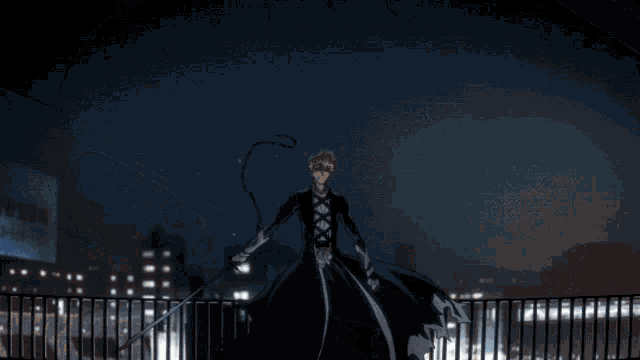a man in a black and white outfit is holding a sword in his hand
